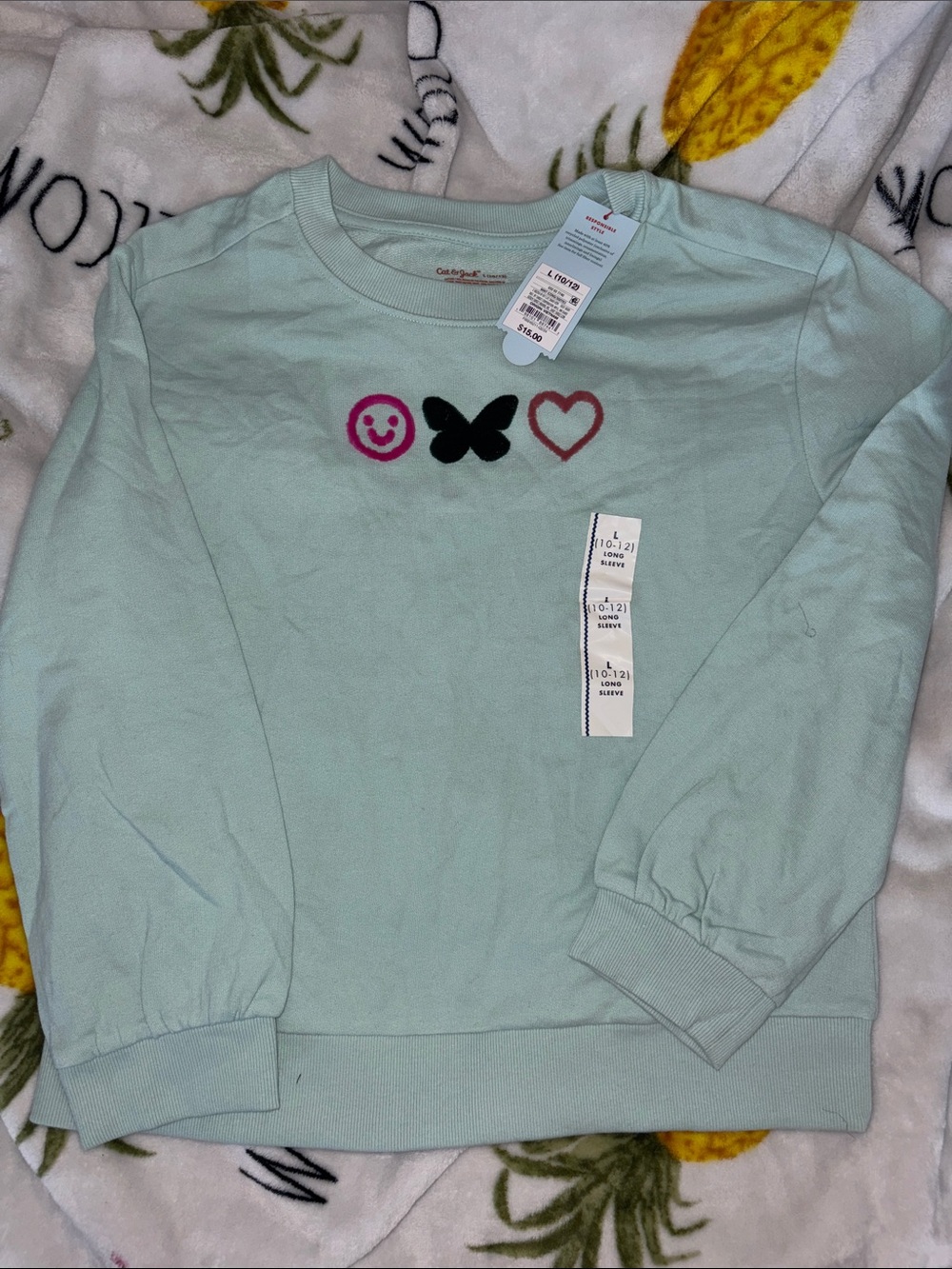 Cat and jack  Girls Mint Green Smiley, Butterfly & Heart Sweatshirt large